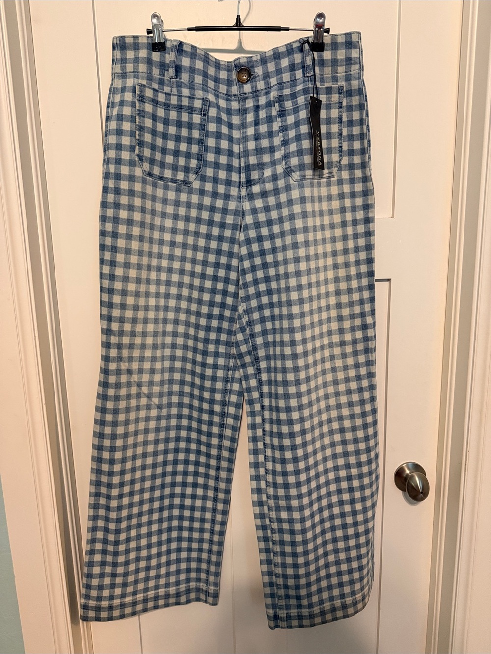 Versona Blue Gingham Cottagecore Wide Leg Patch Pocket Jeans Size 14